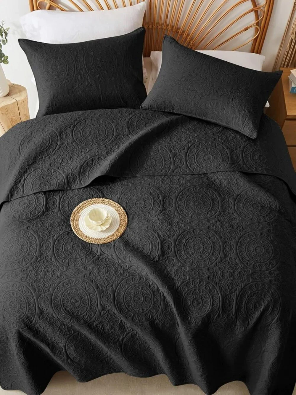 Black Embossed Reversible Lightweight 3-Piece Quilt Set
